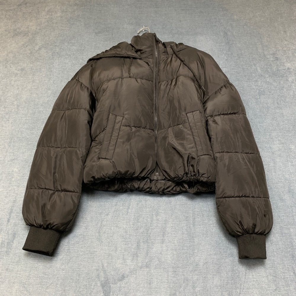 Cisono Puffer Jacket Womens XS Black Polyester Full Zip Hooded Cropped Winter